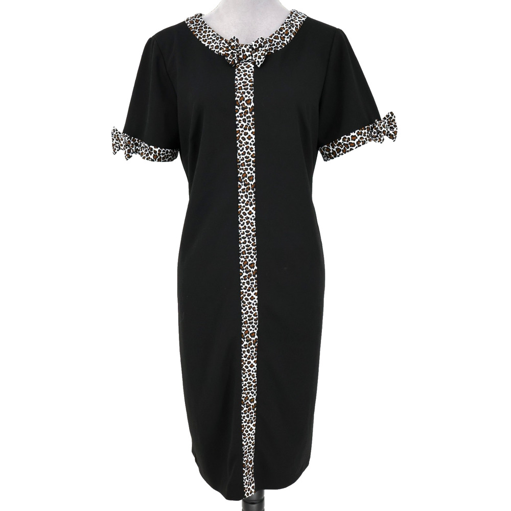 Shelby and Palmer Dress Womens 14 Black Animal Print Trim Shift Crepe Back Zip